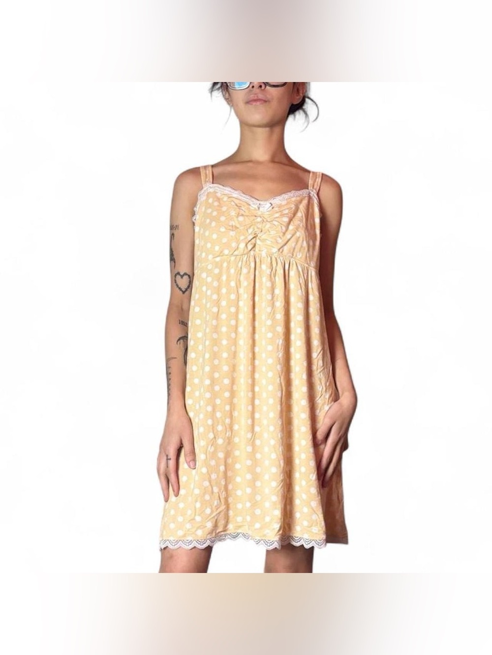 Peach & White Polka Dot Babydoll Slip Dress W Lace Trim by Soma Size Large